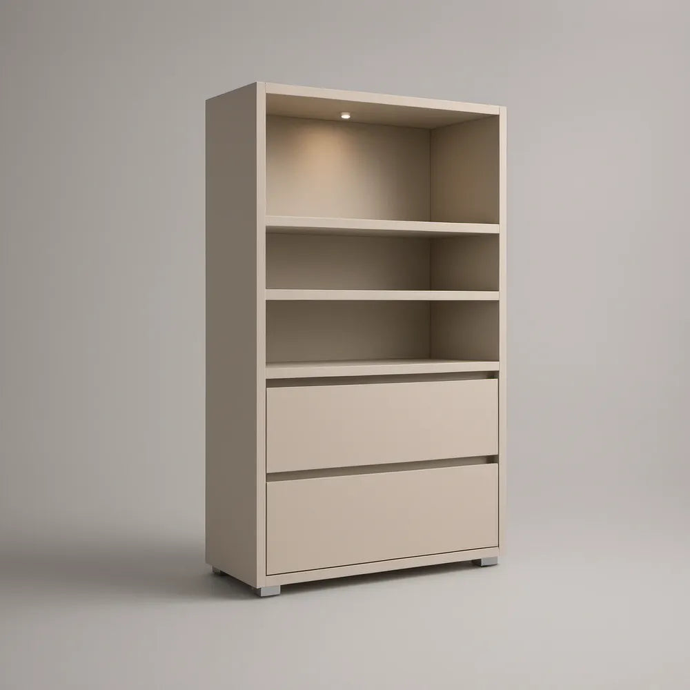 Taupe MDF Storage Cabinet with 3 Open Compartments, 2 Drawers and LED Light, 31.5 x 15.7 x 70.9 in