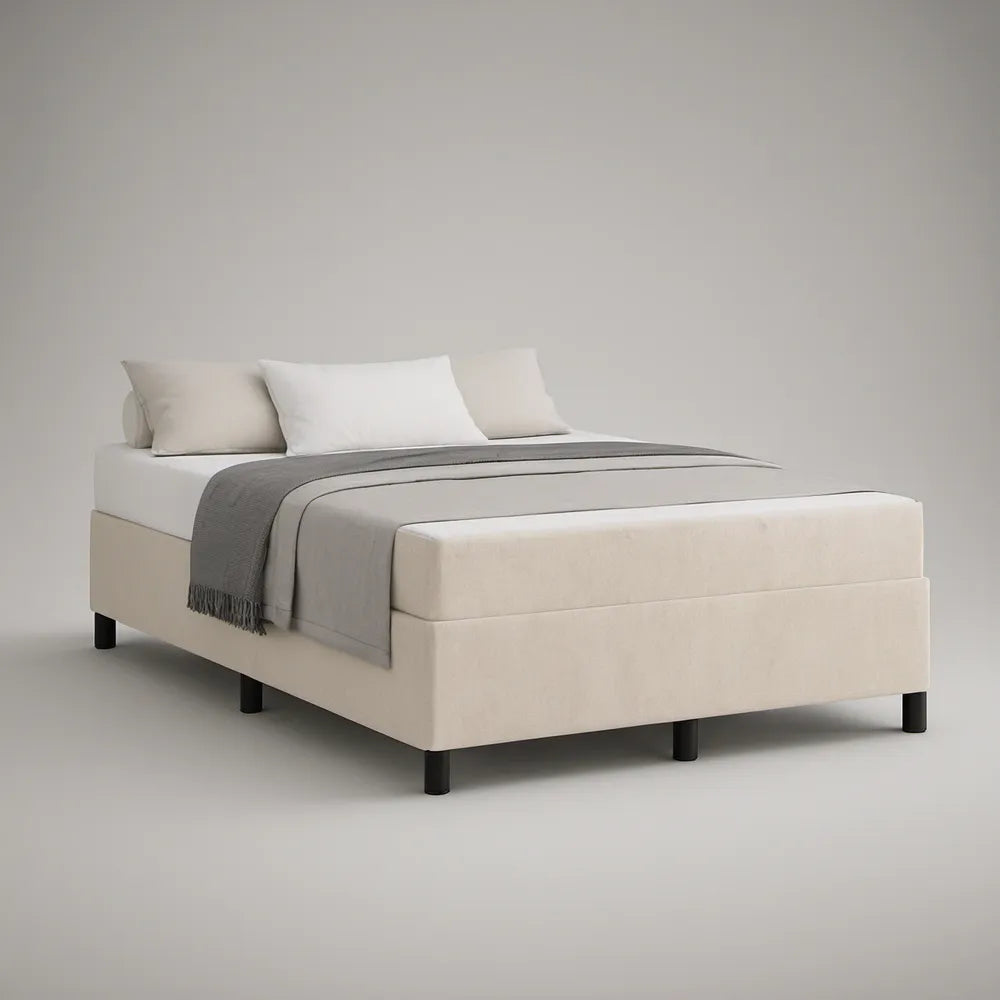 Queen Upholstered Platform Bed Frame, 80 x 60 x 14 in, Cream with Black Legs