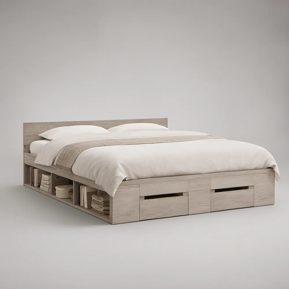 Queen Storage Platform Bed Frame, 82 x 63 x 31 in, Light Gray Oak