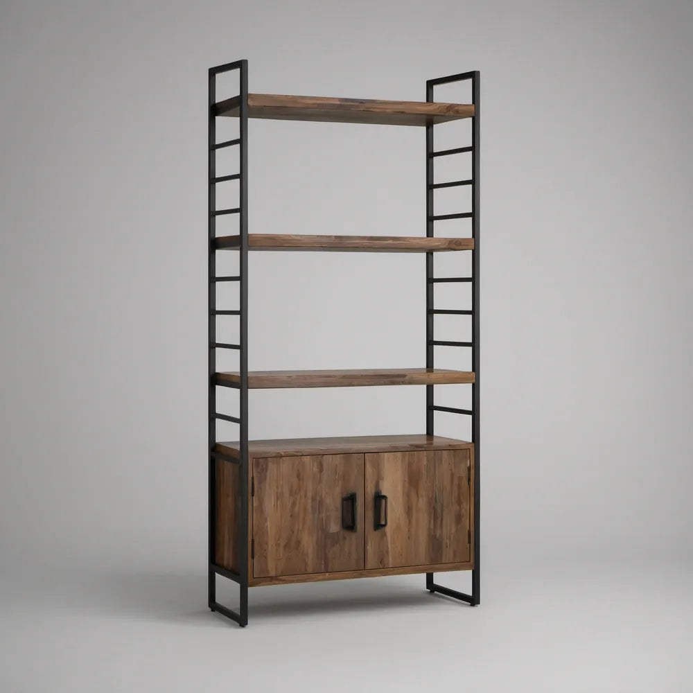 Industrial 3-Tier Solid Acacia Wood and Steel Storage Unit with 2-Door Cabinet, 39.4 x 15.7 x 78.7 in, Brown/Black