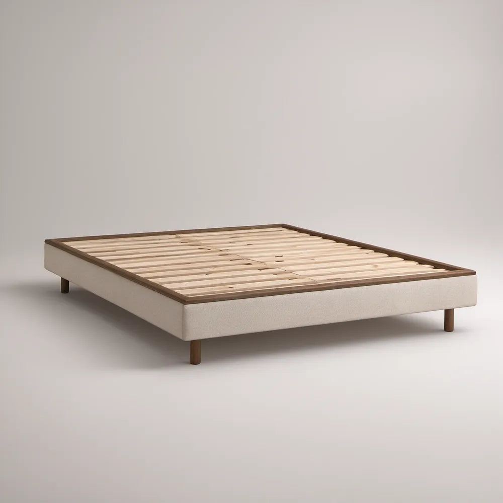 Queen Upholstered Platform Bed with Rubberwood Slats, Cream/Brown, 84 x 64 x 14 in