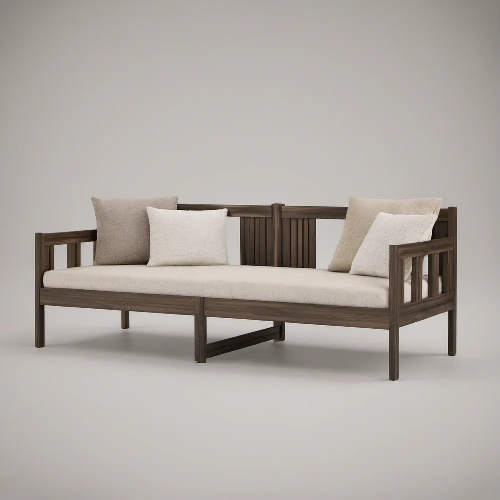 Solid Rubberwood Twin Daybed with Ivory and Beige Cushions, Dark Brown, 79 x 39 x 30 in
