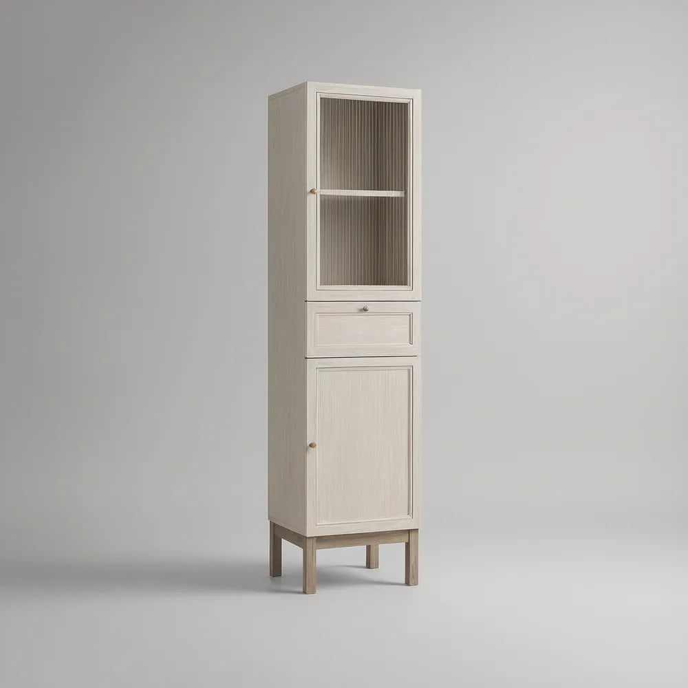 Tall Freestanding Storage Cabinet, 23.6 x 15.7 x 70.9 in, Fluted Glass Door, Drawer, White and Light Oak
