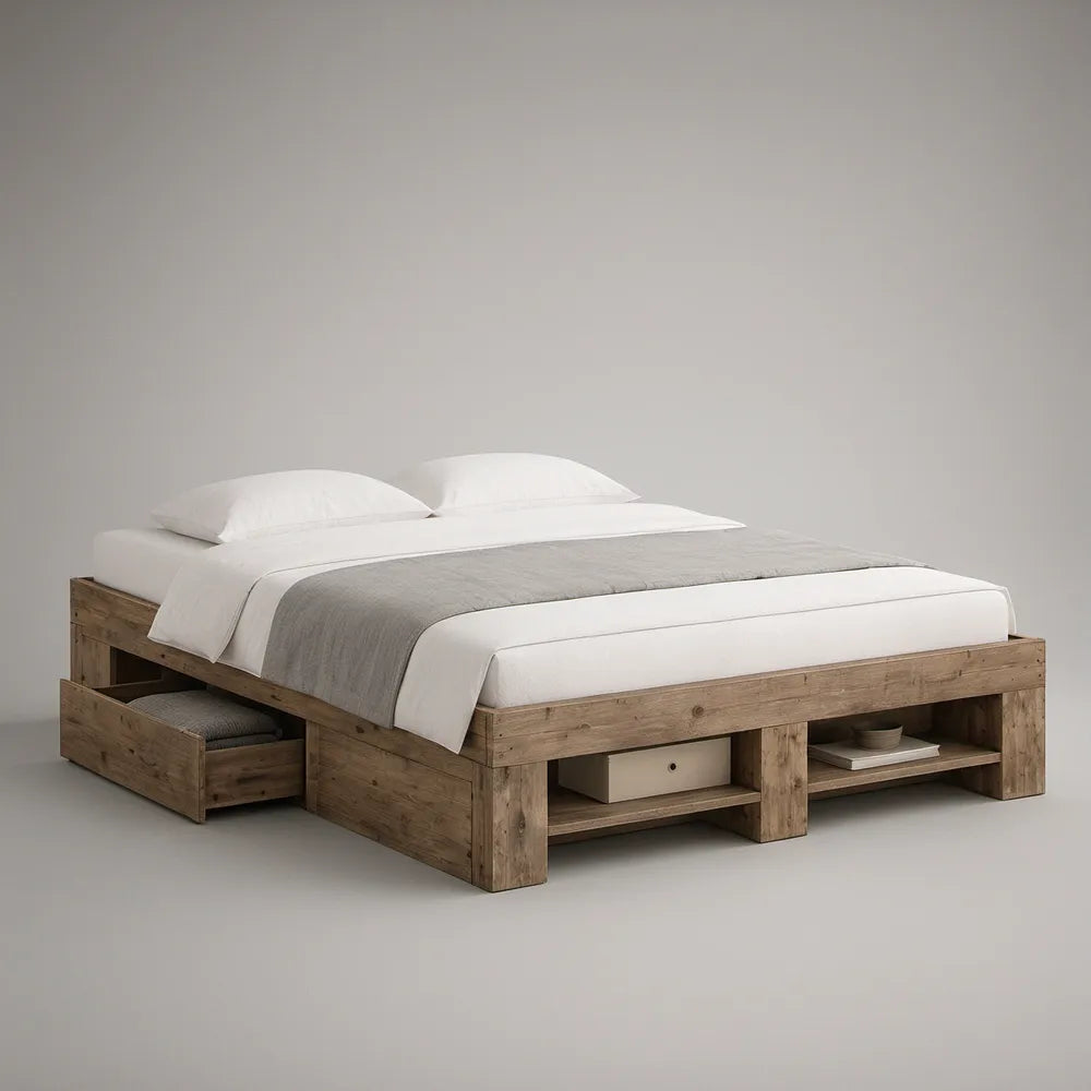 Queen Solid Pine Wood Storage Bed Frame, Weathered Brown, 86 x 64 x 18 in