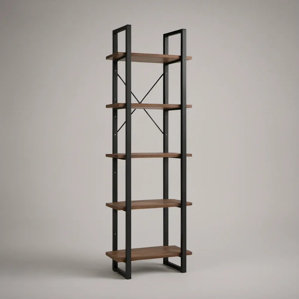 5-Tier Brown MDF and Black Steel Bookcase, 24 x 12 x 70 in