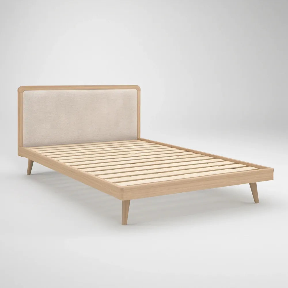 Queen Platform Bed Frame with Upholstered Headboard, Natural Rubberwood and Beige Fabric, 82.7 x 62.6 x 43.3 in