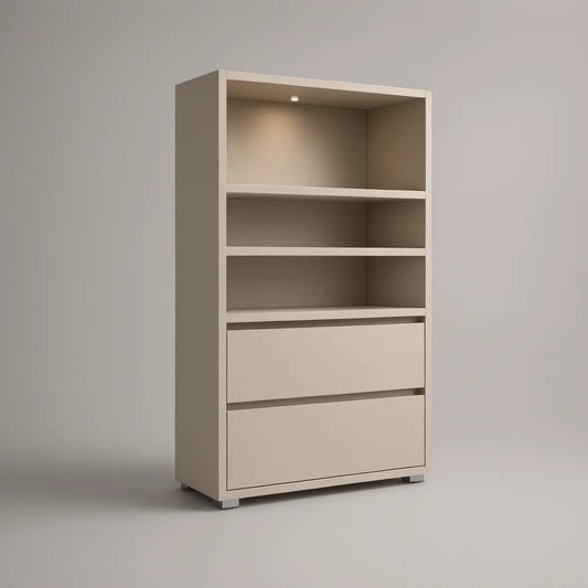 Taupe MDF Storage Cabinet with 3 Open Compartments, 2 Drawers and LED Light, 31.5 x 15.7 x 70.9 in