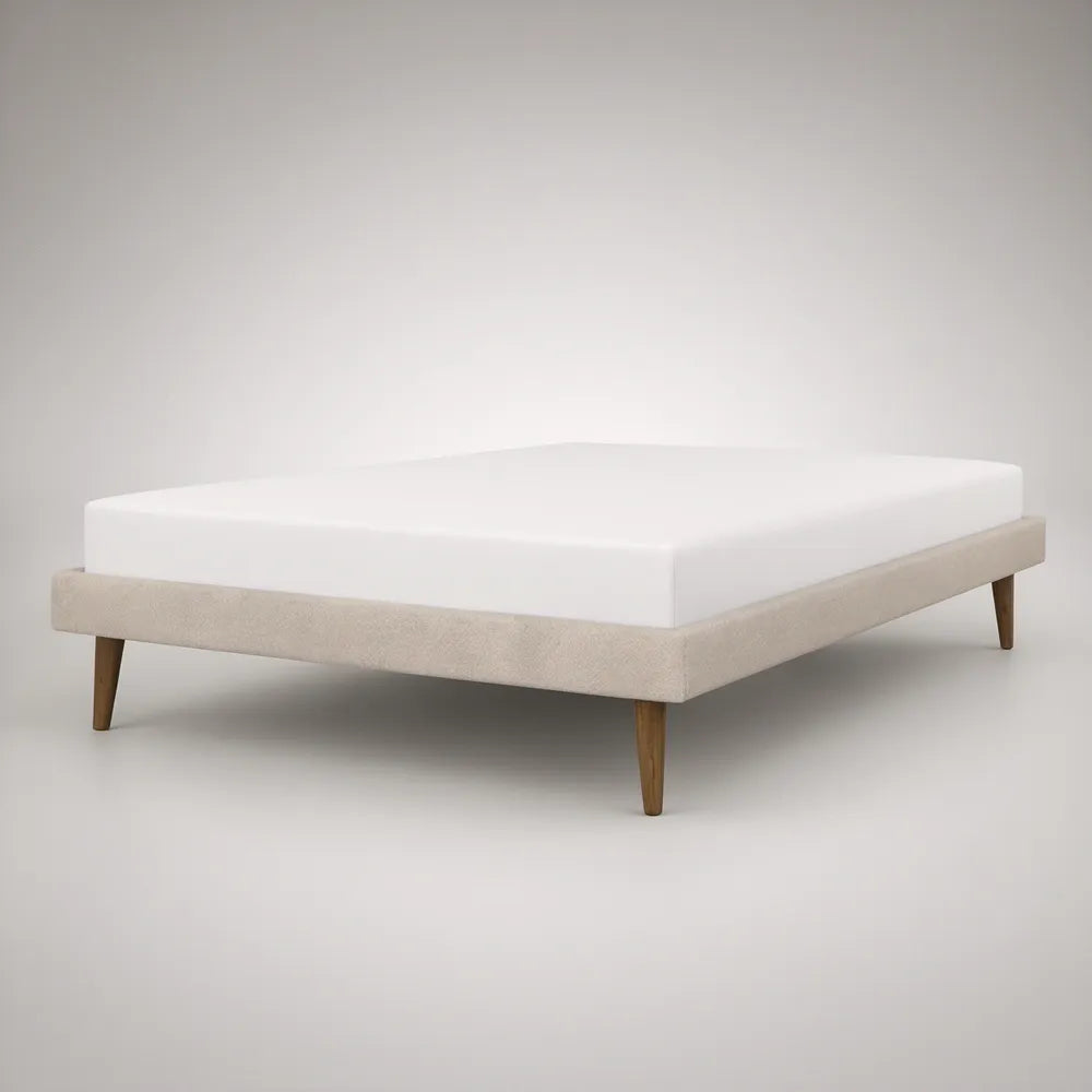 Queen Upholstered Platform Bed Frame, 83 x 63 x 14 in, Fits 80 x 60 in Mattress, Beige with Brown Rubberwood Legs