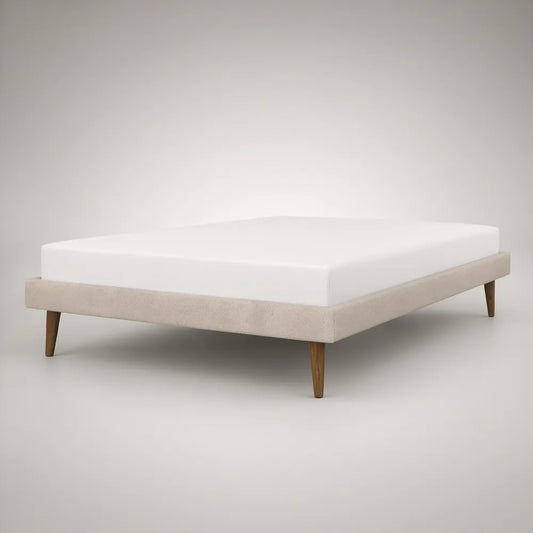 Queen Upholstered Platform Bed Frame, 83 x 63 x 14 in, Fits 80 x 60 in Mattress, Beige with Brown Rubberwood Legs