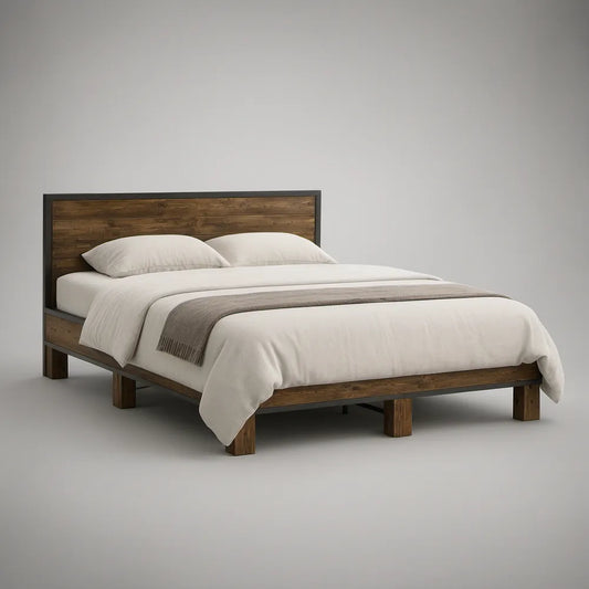 Queen Rustic Solid Pine Wood and Steel Platform Bed Frame, Brown/Black, 84 x 63 x 50 in
