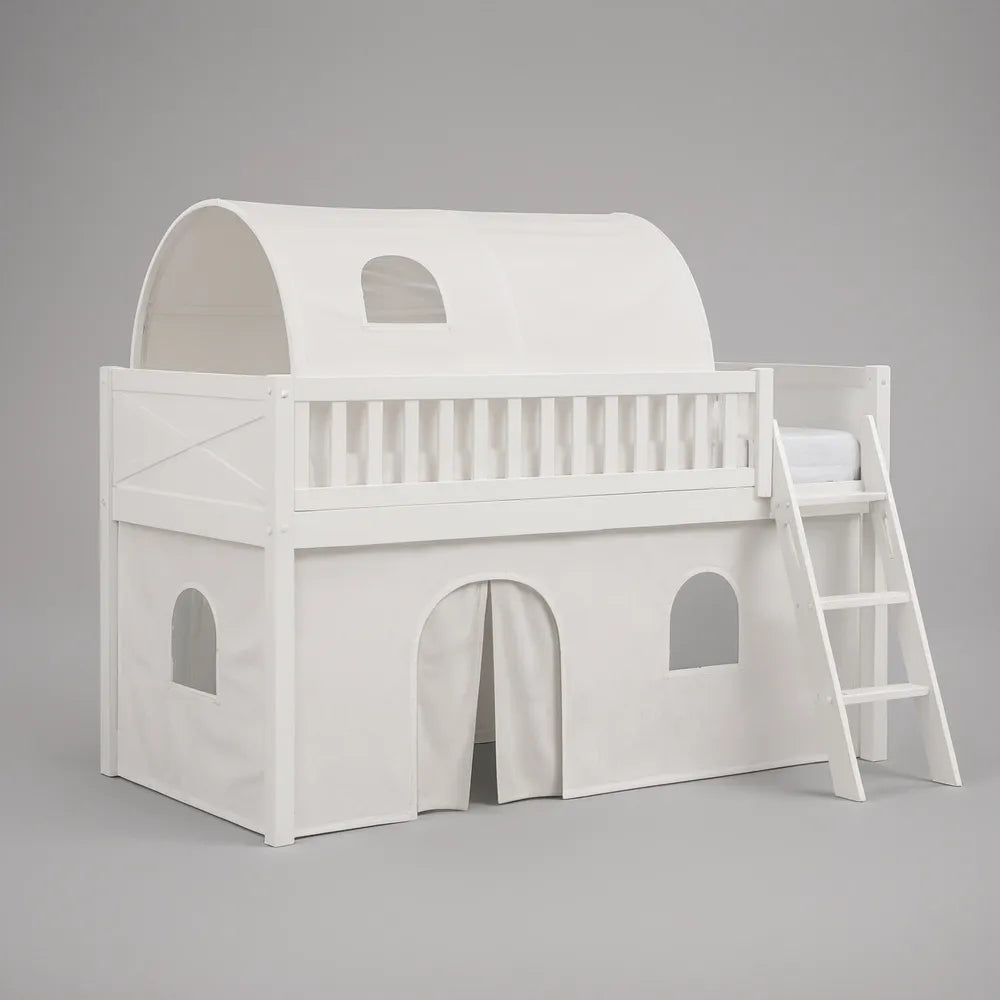 White Twin Mid Sleeper Bed with Curved Canopy, Ladder and Enclosed Play Area, 79.5 x 42 x 74 in
