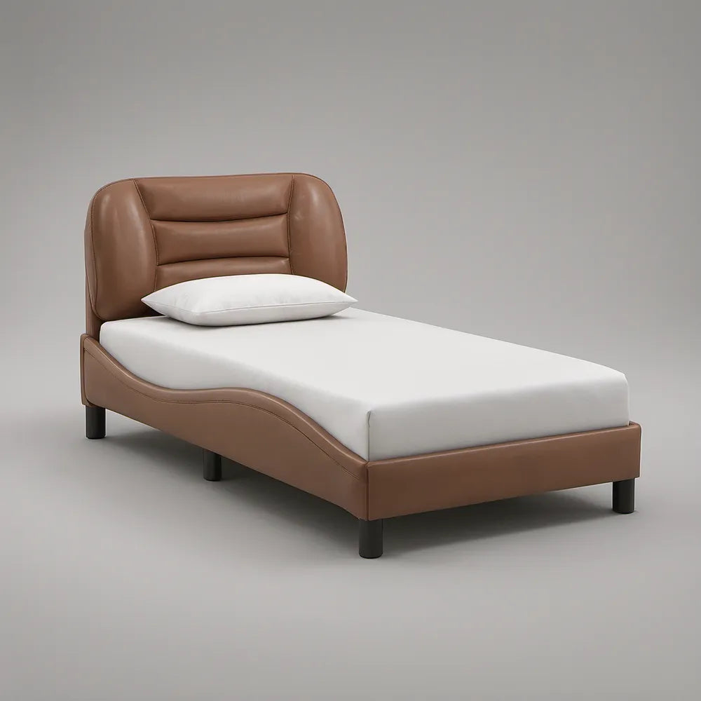 Twin Upholstered Bed Frame with Curved Channel-Tufted Headboard, Brown PU Leather, 80 in L x 42 in W x 40 in H