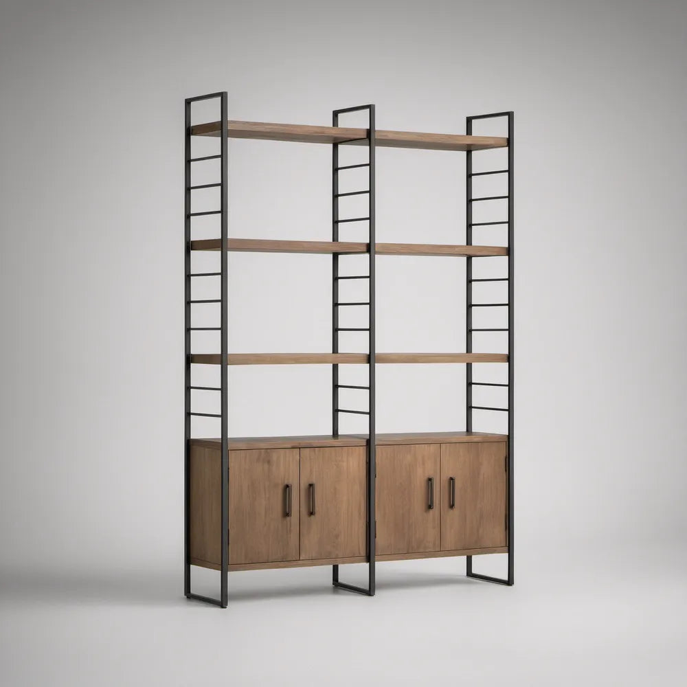 Industrial 6-Shelf Storage Unit with 4-Door Cabinets, Walnut Brown and Black, 70.9 x 15.7 x 78.7 in