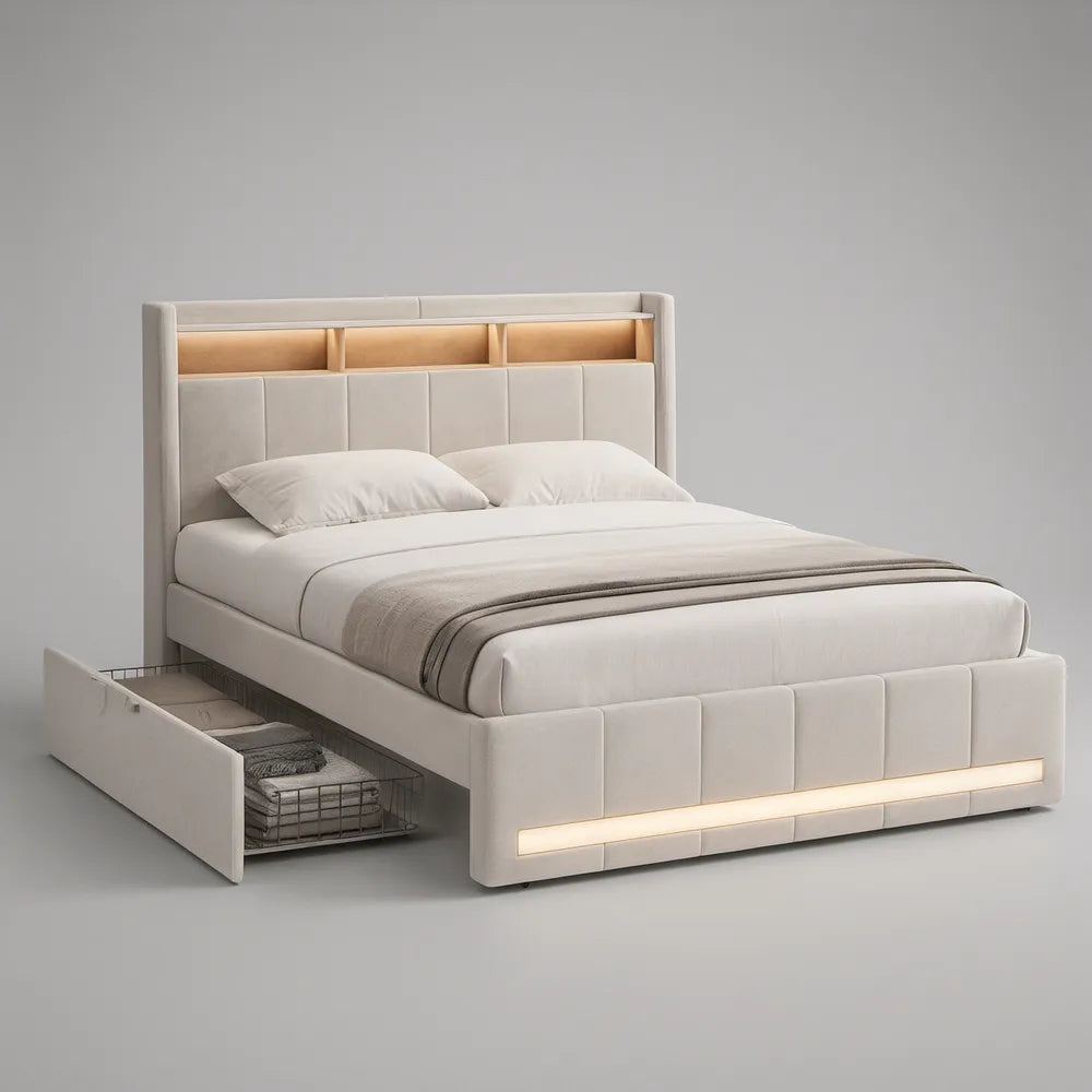 Cream Queen Upholstered Bed Frame with Side Storage Drawers and Warm White LED Lighting, 85 x 64 x 55 in