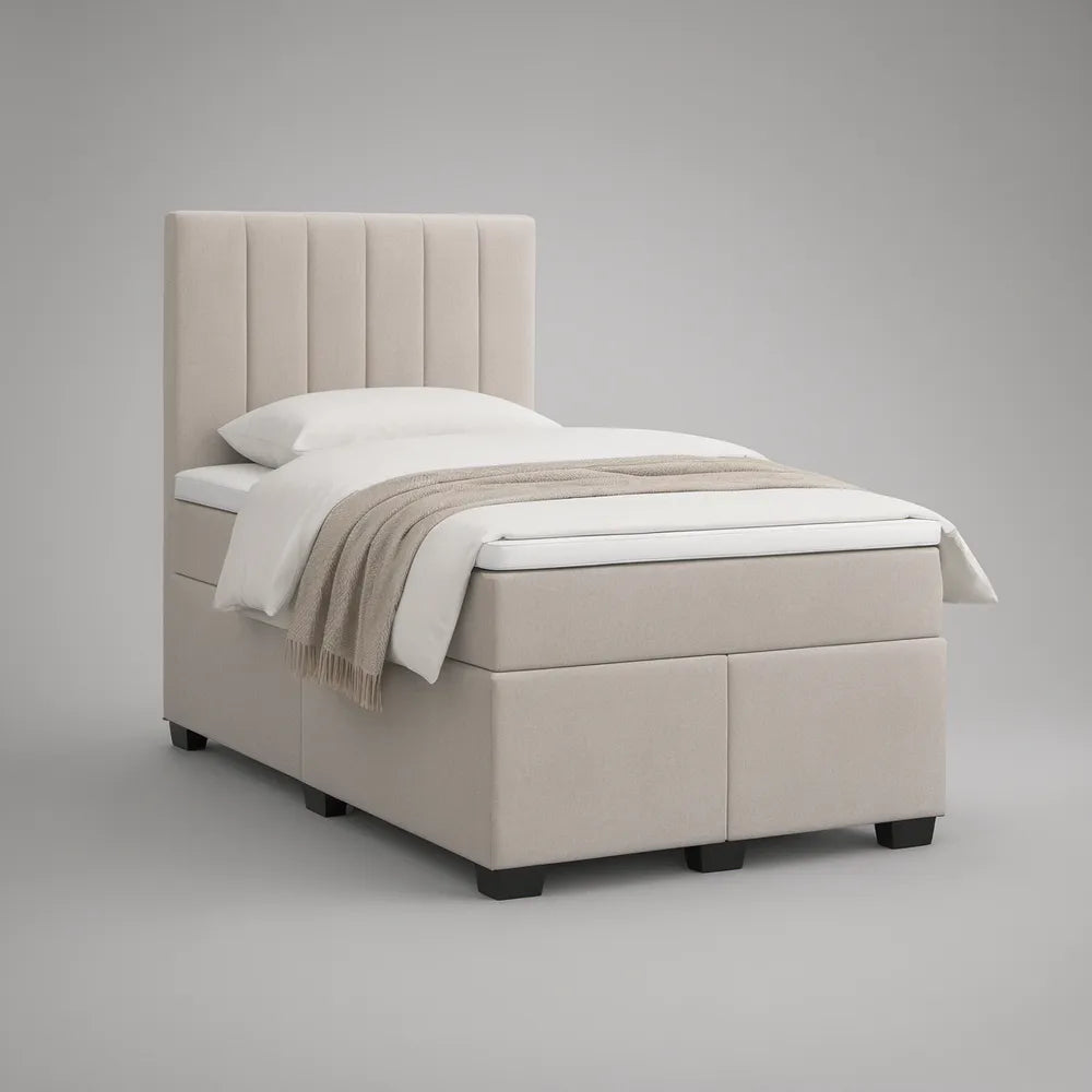 Twin Beige Upholstered Platform Bed with Channel-Tufted Headboard, 41 x 80 x 48 in