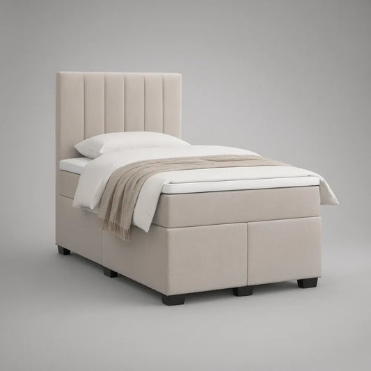 Twin Beige Upholstered Platform Bed with Channel-Tufted Headboard, 41 x 80 x 48 in