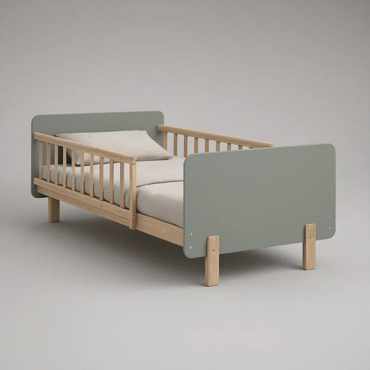 Sage Green and Natural Pine Toddler Bed Frame, 58.7 x 29.9 x 28.3 in, Fits 55.1 x 27.6 in Mattress