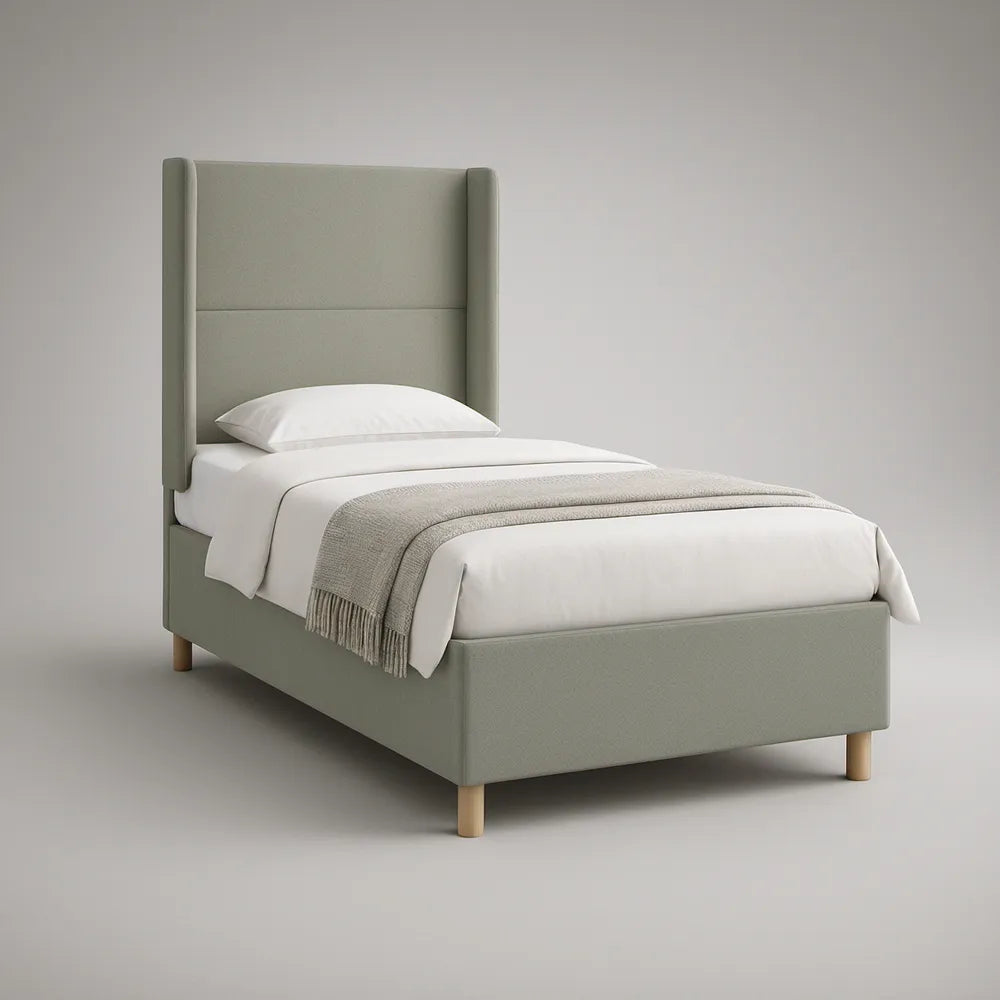 Twin Sage Green Upholstered Platform Bed Frame with Tall Wingback Headboard, Natural Wood Legs, 41 x 79 x 52 in