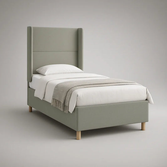 Twin Sage Green Upholstered Platform Bed Frame with Tall Wingback Headboard, Natural Wood Legs, 41 x 79 x 52 in
