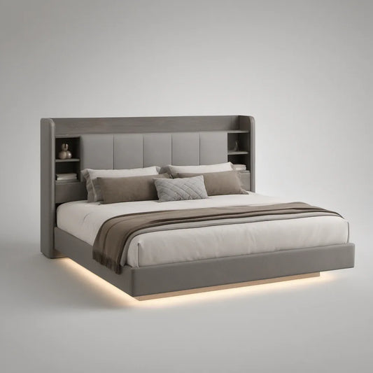 Queen Gray Upholstered Platform Bed Frame with LED Storage Headboard, 64 x 88 x 50 in