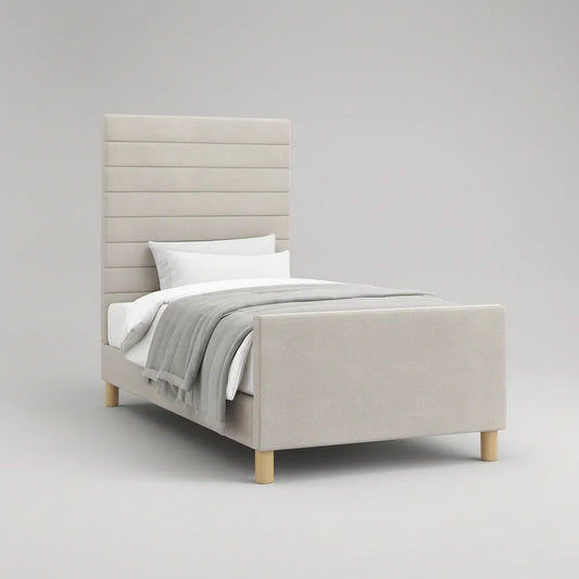 Twin Upholstered Platform Bed Frame with Tall Channel-Tufted Headboard, Beige/Light Brown, 39 in x 75 in