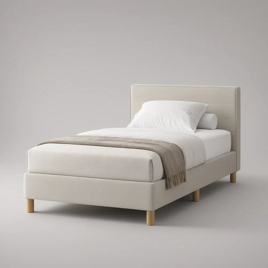 Twin Upholstered Bed Frame, Cream Polyester Fabric with Natural Wood Legs, 42 in W x 80 in L x 44 in H