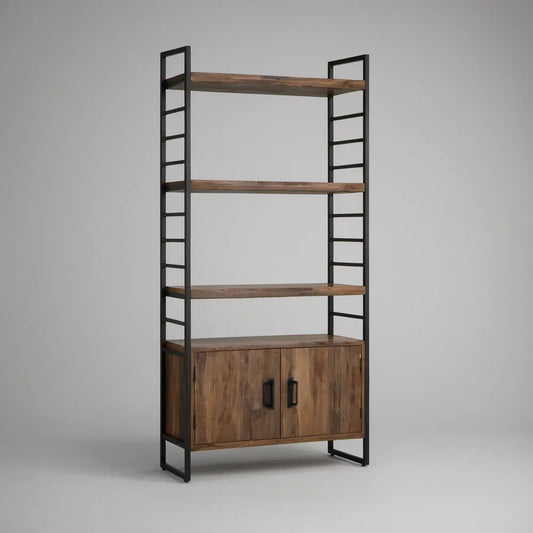 Industrial 3-Tier Solid Acacia Wood and Steel Storage Unit with 2-Door Cabinet, 39.4 x 15.7 x 78.7 in, Brown/Black