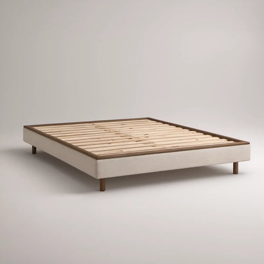 Queen Upholstered Platform Bed with Rubberwood Slats, Cream/Brown, 84 x 64 x 14 in