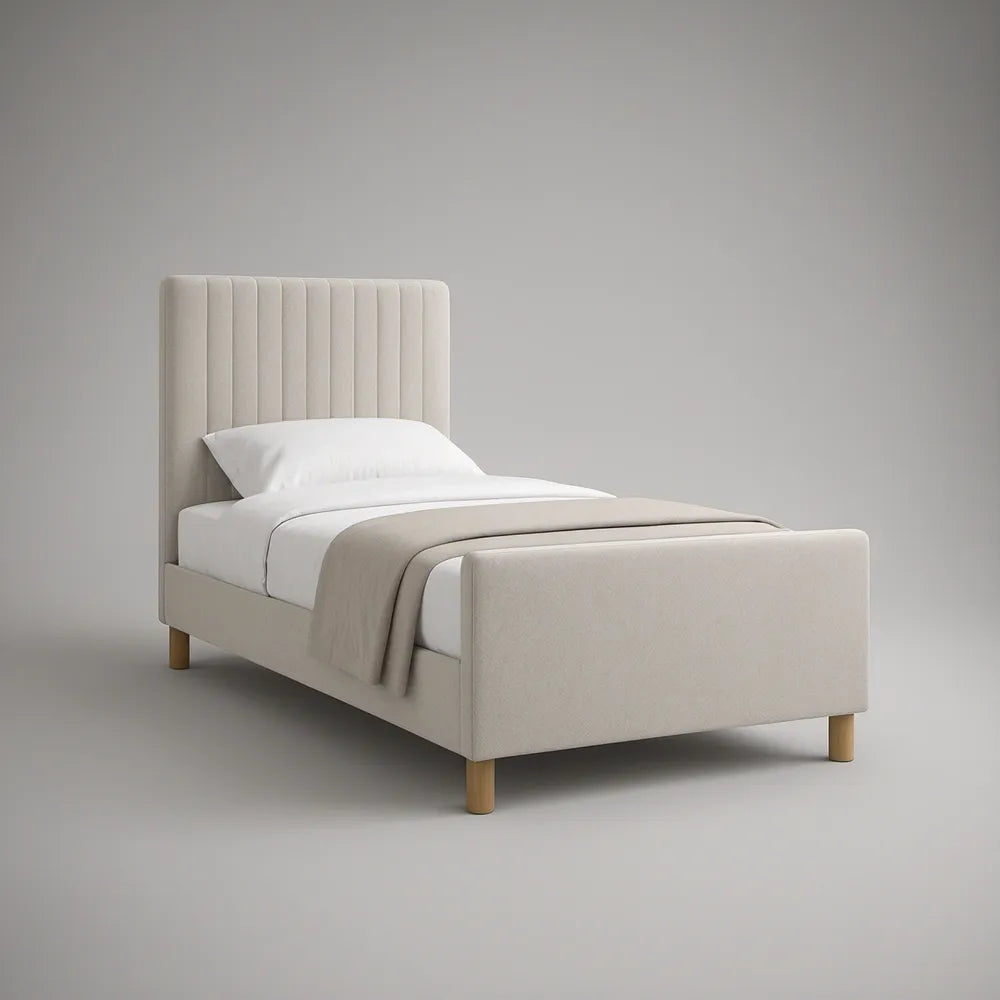 Twin Cream Upholstered Platform Bed Frame with Vertical Channel-Tufted Headboard, 78.7 in L x 41.3 in W x 49.2 in H
