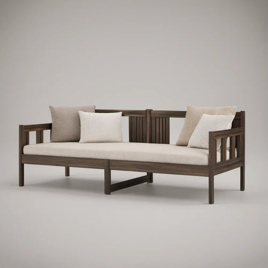 Solid Rubberwood Twin Daybed with Ivory and Beige Cushions, Dark Brown, 79 x 39 x 30 in