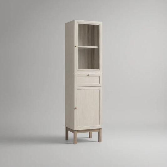 Tall Freestanding Storage Cabinet, 23.6 x 15.7 x 70.9 in, Fluted Glass Door, Drawer, White and Light Oak