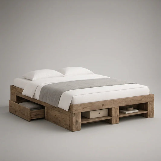 Queen Solid Pine Wood Storage Bed Frame, Weathered Brown, 86 x 64 x 18 in