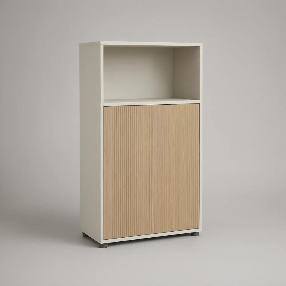 White and Natural Oak 2-Door Storage Cabinet with Open Shelf, 31.5 x 15.7 x 55.1 in