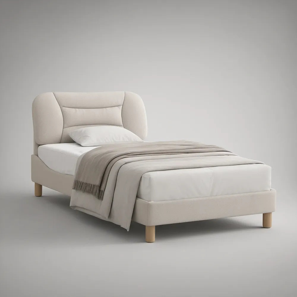 Twin Upholstered Platform Bed Frame with Curved Headboard, Beige/Natural Brown, 41.7 x 80.3 x 44.5 in