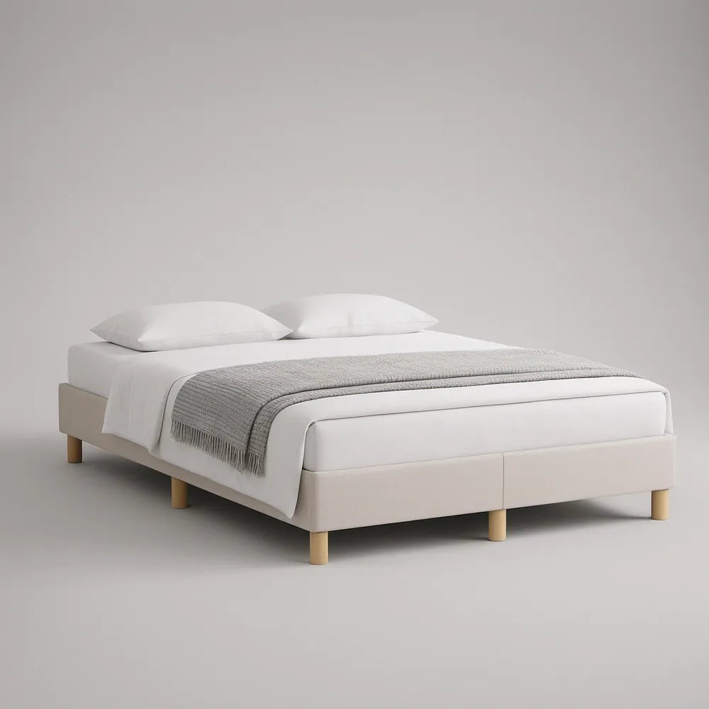 Queen White Upholstered Platform Bed with Natural Rubberwood Legs, 85 x 65 x 16 in