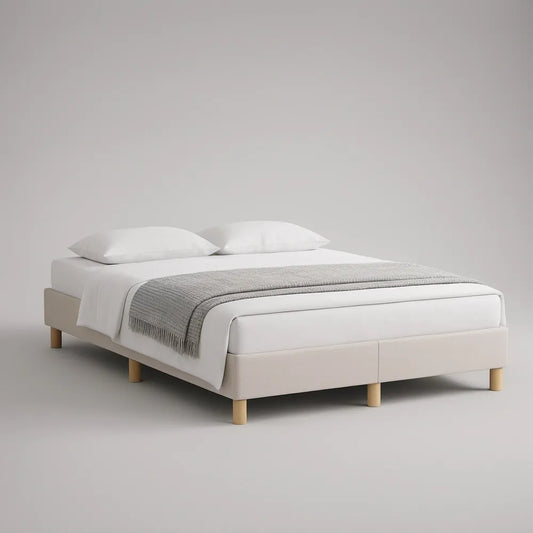 Queen White Upholstered Platform Bed with Natural Rubberwood Legs, 85 x 65 x 16 in