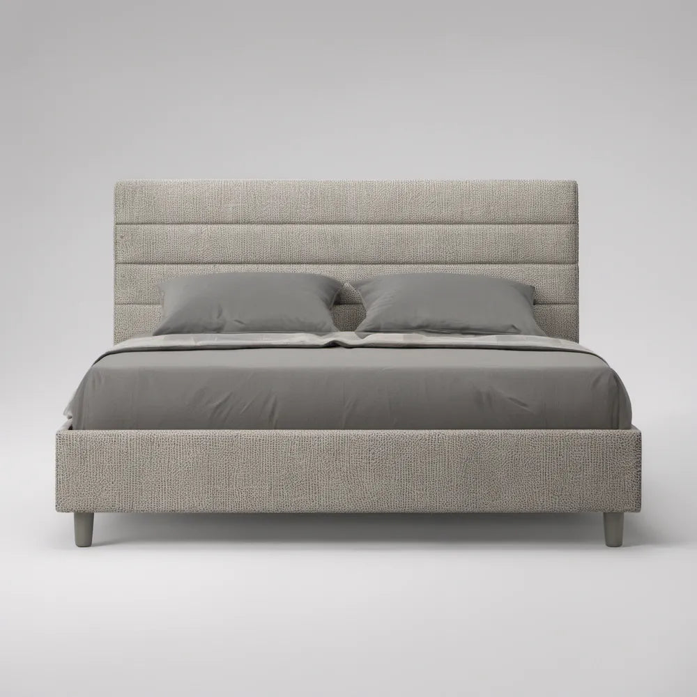 Queen Upholstered Bed Frame with Padded Channel Headboard, Beige/Gray, 63 x 84 x 48 in