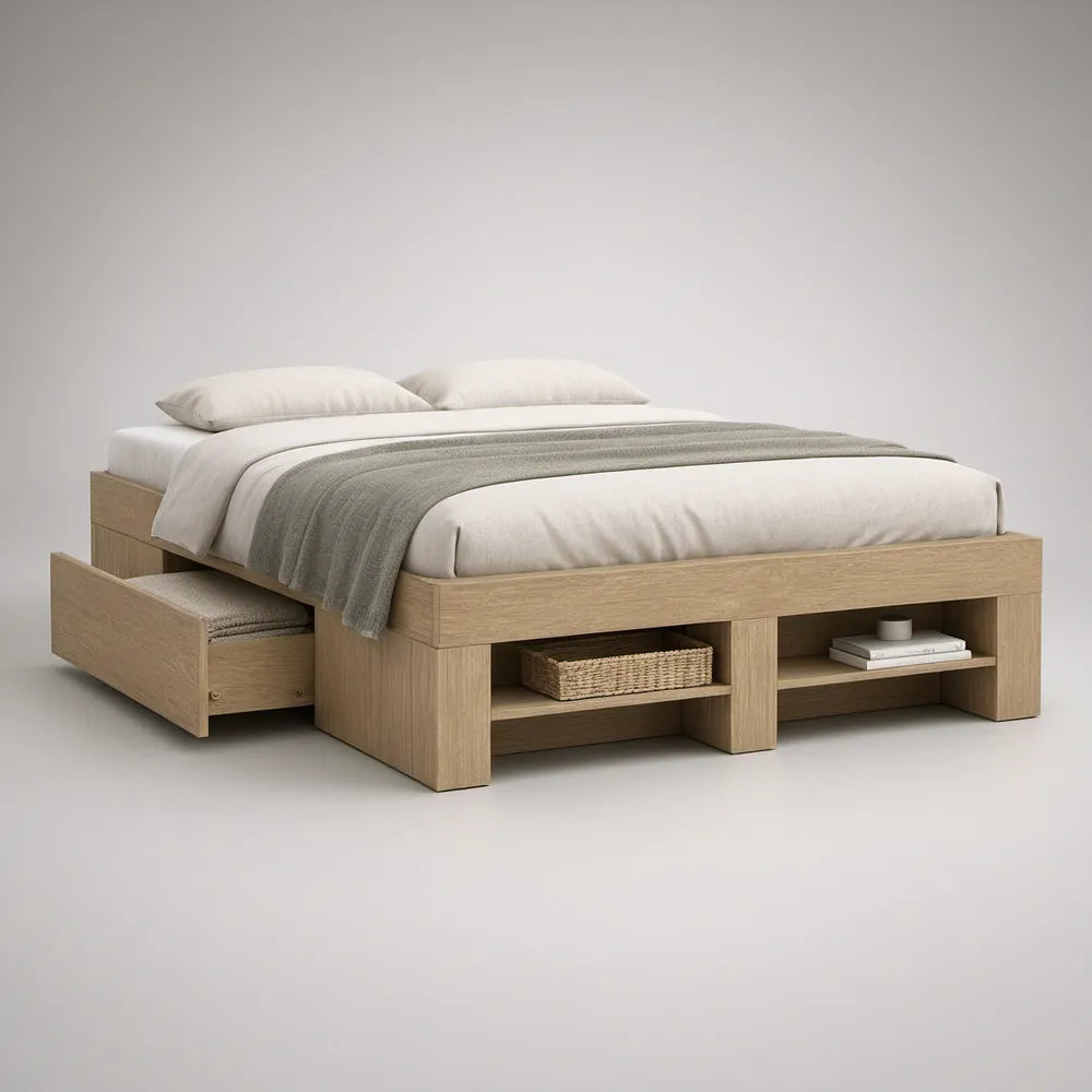 Queen Storage Bed Frame with Pull-Out Drawer and Footboard Shelves, Light Oak, 84 x 64 x 18 in