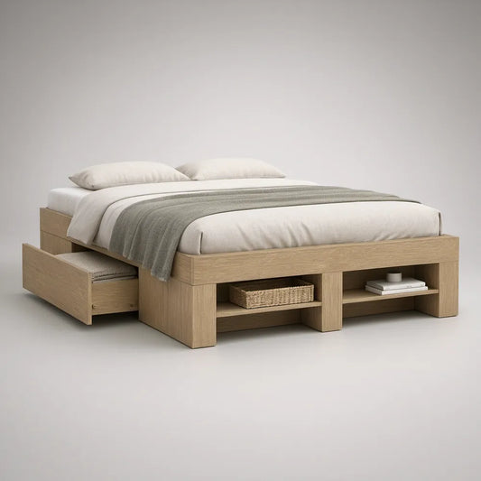 Queen Storage Bed Frame with Pull-Out Drawer and Footboard Shelves, Light Oak, 84 x 64 x 18 in