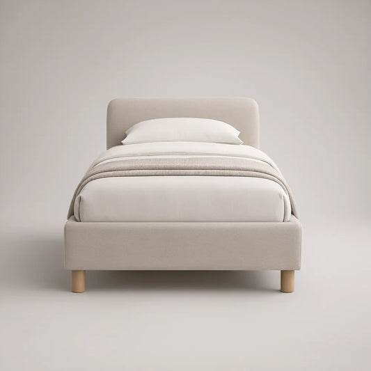 Full Upholstered Platform Bed Frame, 54 x 75 in Mattress Area, Beige with Natural Light Brown Legs