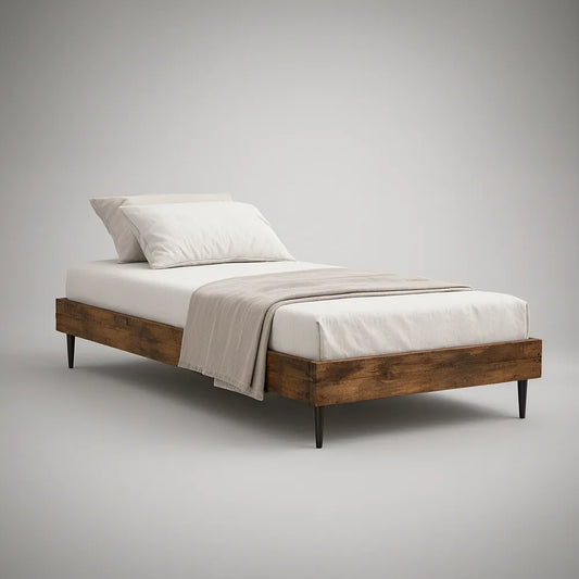 Twin Solid Pine Wood Platform Bed Frame with Black Steel Legs, Brown, 79.5 x 41.5 x 14 in