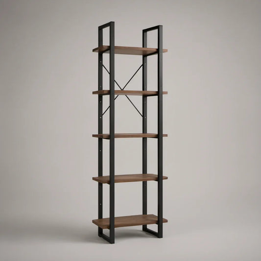 5-Tier Brown MDF and Black Steel Bookcase, 24 x 12 x 70 in
