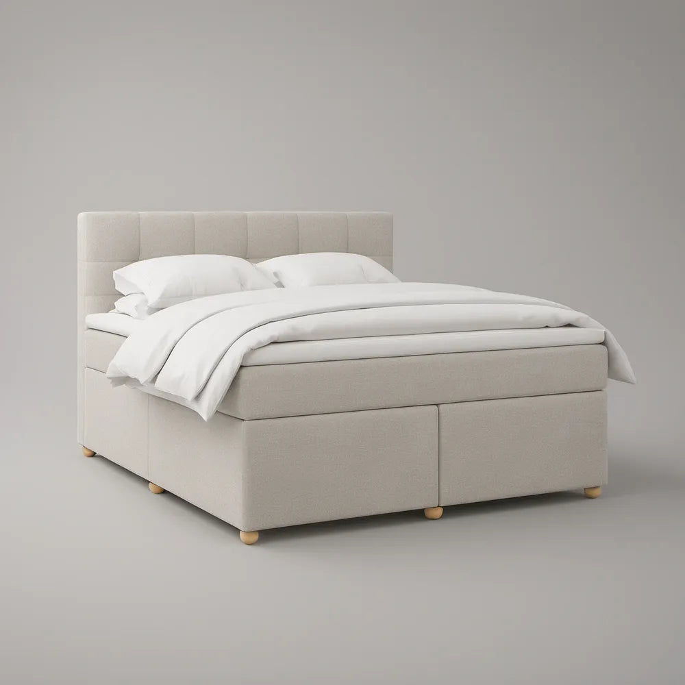 Queen Upholstered Platform Bed with Panel Headboard, Beige, 60 x 80 in