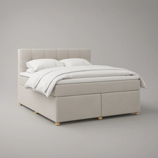 Queen Upholstered Platform Bed with Panel Headboard, Beige, 60 x 80 in