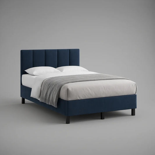Navy Blue Upholstered Queen Bed Frame with Vertical-Channel Headboard, 64 x 85 x 48 in